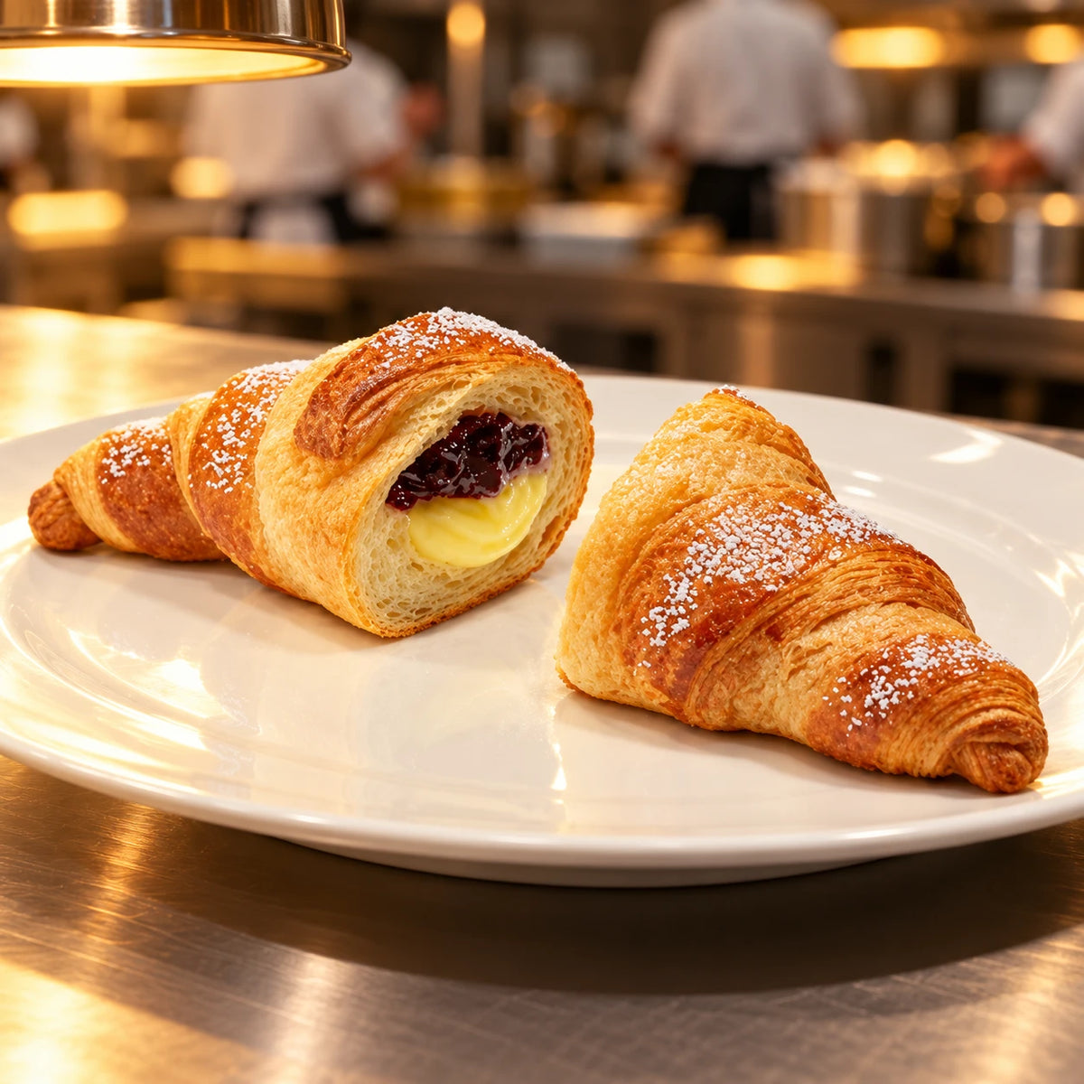 XL Croissant Amarena-Vaniglia su piatto bianco al pass cucina di un panificio sotto luce calda