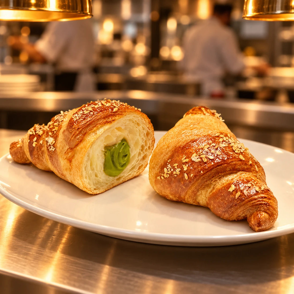 Pistachecroissant opengesneden met groene pistachecrème op een wit bord aan de pass van een professionele keuken