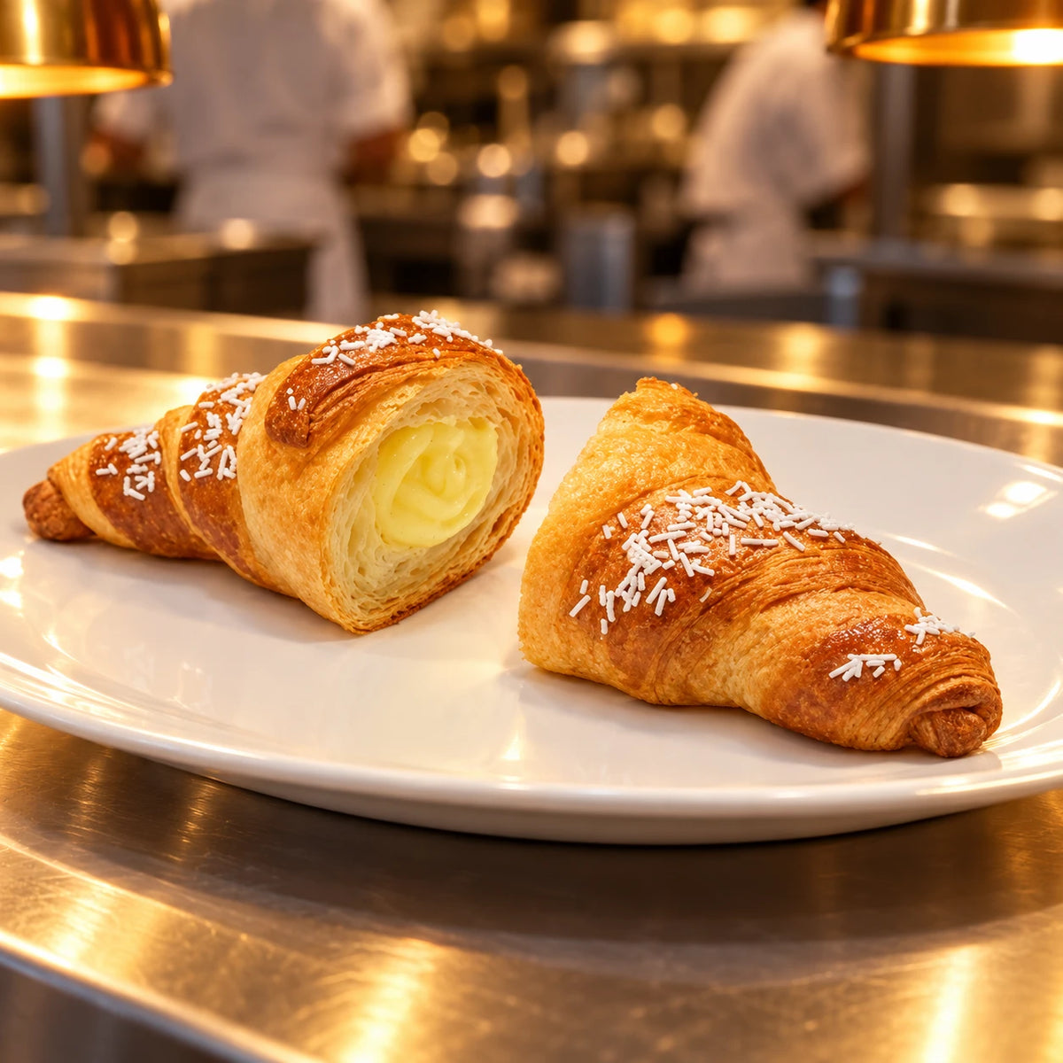 XL Croissant Vaniglia su piatto bianco al pass cucina di un panificio sotto luce calda