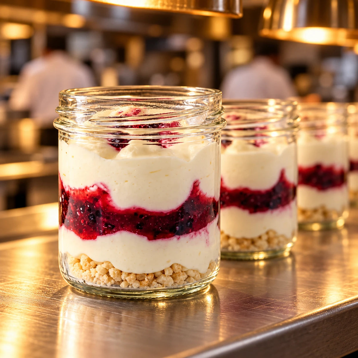 Varios vasitos de postre de yogur en fila en el pase de una cocina profesional