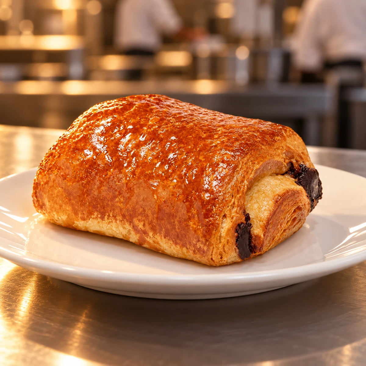 Pain au Chocolat Classic na bijelom tanjuru na pultu profesionalne kuhinje