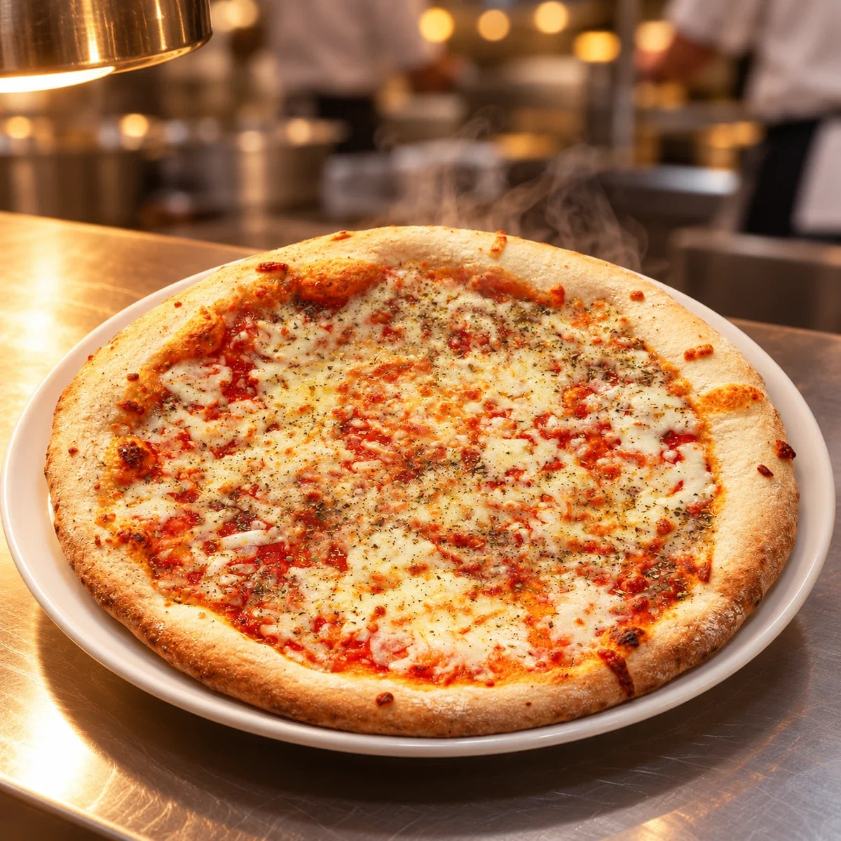 Pizza Margherita lista para servir en el pase bajo lámparas de calor