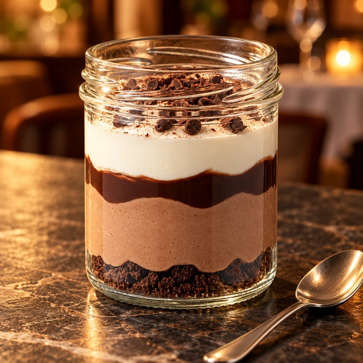 Postre de tres chocolates en vasito con cucharilla sobre una mesa de piedra en un restaurante de luz cálida