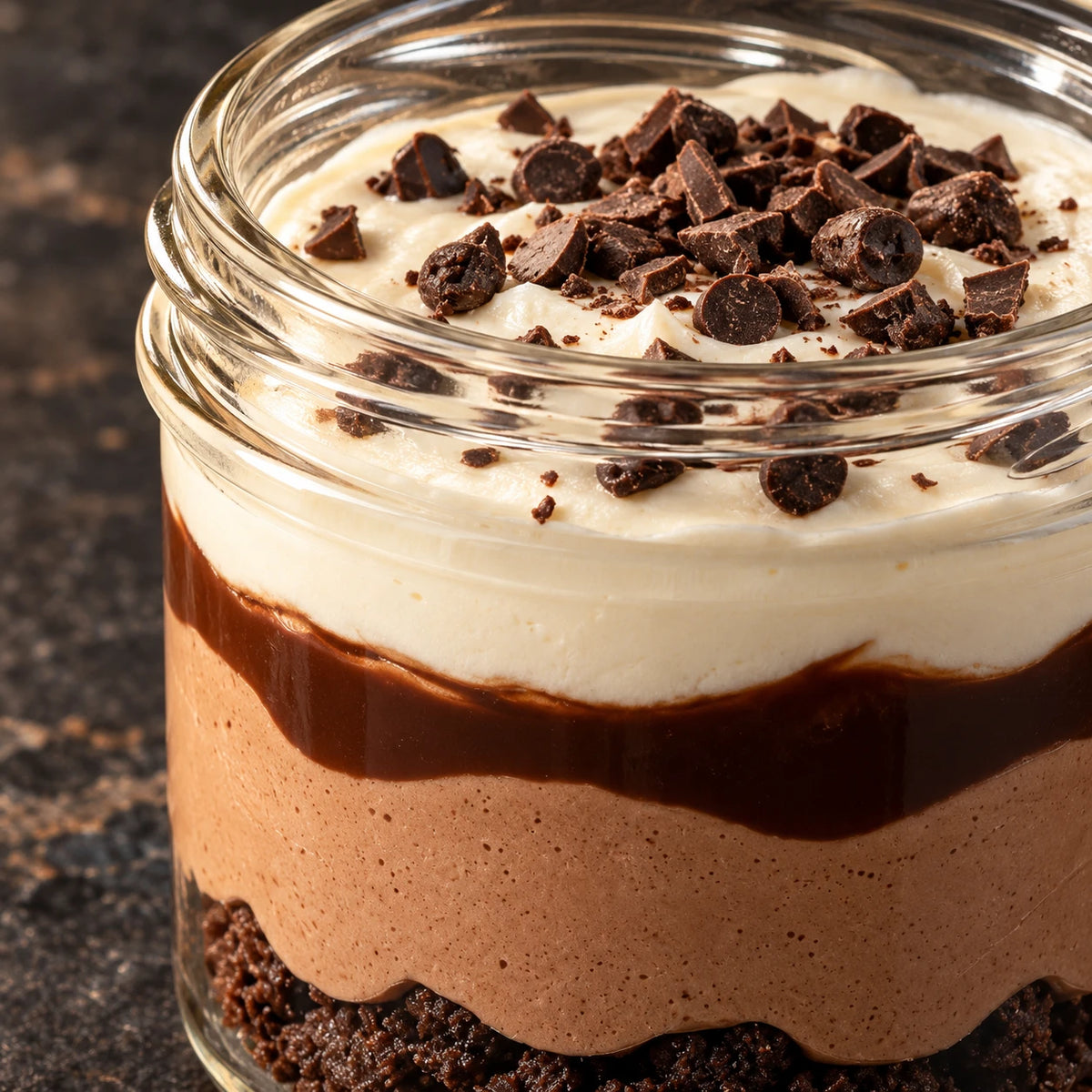 Primer plano de las capas de crema clara, brillante salsa de chocolate y crema de chocolate con virutas en el vasito