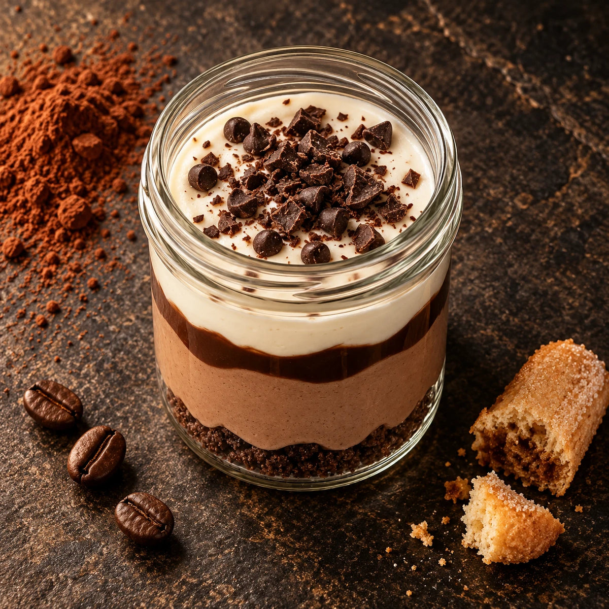 Postre de tres chocolates sobre piedra oscura con cacao en polvo y granos de café