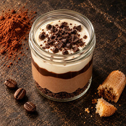Postre de tres chocolates sobre piedra oscura con cacao en polvo y granos de café