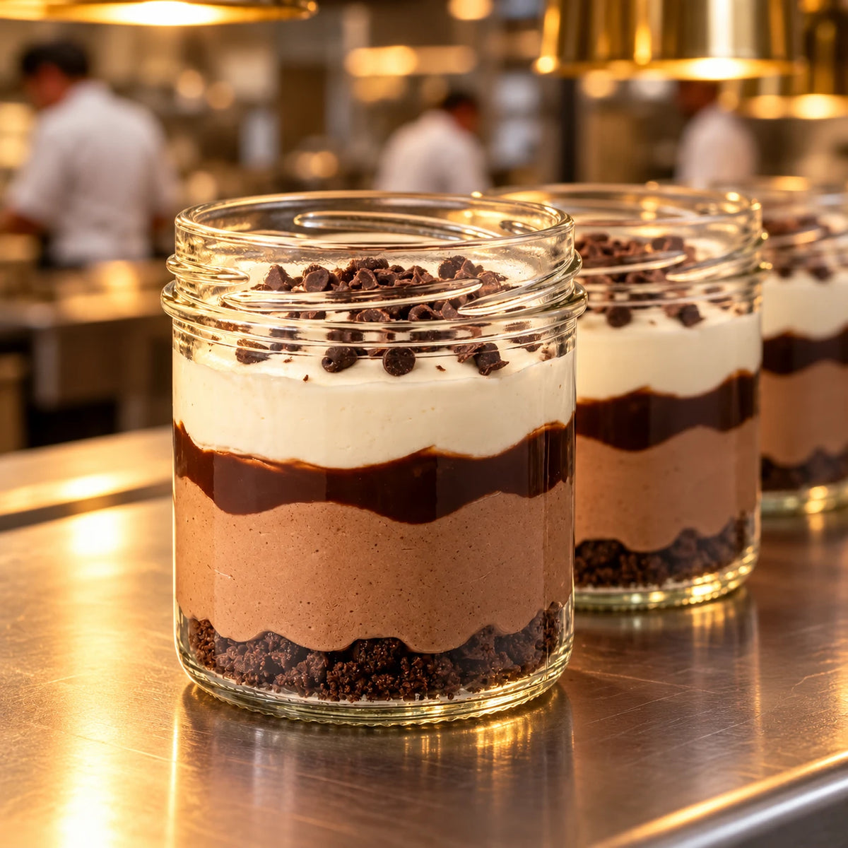 Varios vasitos de postre de tres chocolates en fila en el pase de una cocina profesional