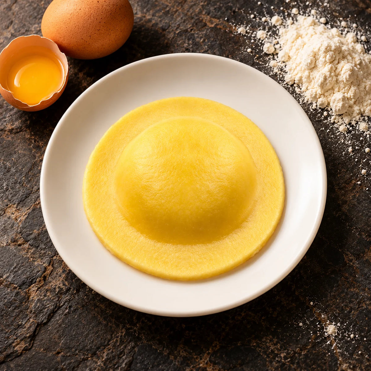 Ανιόλοτι με Parmigiano Reggiano σε λευκό πιάτο από ψηλά σε σκούρα πέτρα, δίπλα τα υλικά