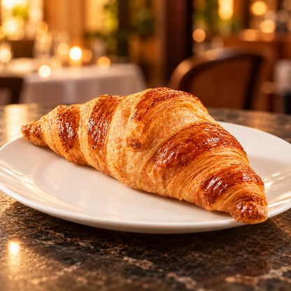Croissant al burro su un piatto bianco in un ristorante dalla luce calda