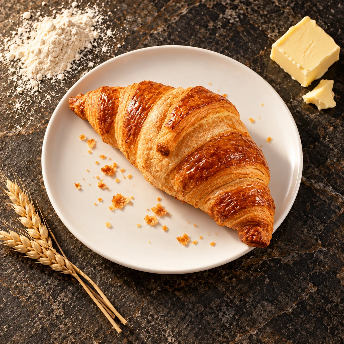 Croissant al burro su un piatto bianco visto dall'alto su pietra scura, con farina, burro e spighe di grano