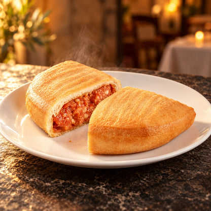 Calzone Tomate-Mozzarella 130 g servido en un restaurante, humeante