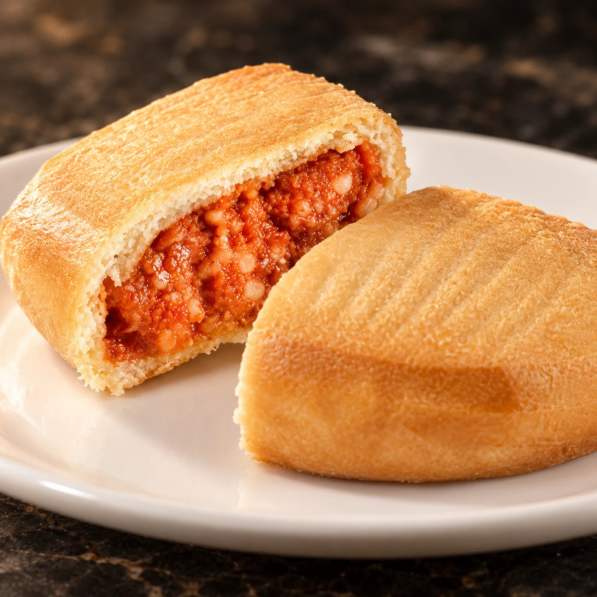 Calzone Tomate-Mozzarella 130 g en un plato, primer plano