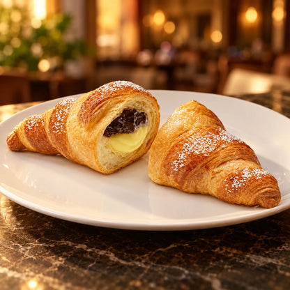 XL Croissant Kirsch-Vanille auf weißem Teller in einem Restaurant mit warmem Lichterglanz im Hintergrund