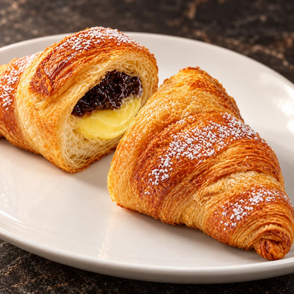 Nahaufnahme: XL Croissant Kirsch-Vanille auf weißem Teller mit sichtbarer Vanillecreme und Amarena-Sauerkirsche