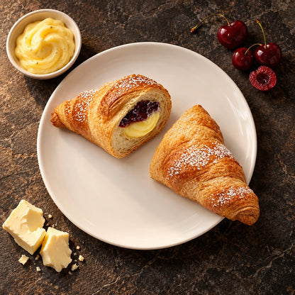 XL Croissant Kirsch-Vanille von oben auf Teller, umgeben von frischen Kirschen, Vanillecreme und Butter