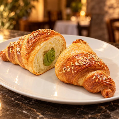 Pistachecroissant opengesneden met groene pistachecrème op een wit bord in een warm verlicht restaurant