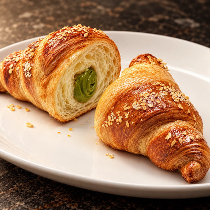 Close-up van Pistachecroissant opengesneden met groene pistachecrème op een wit bord