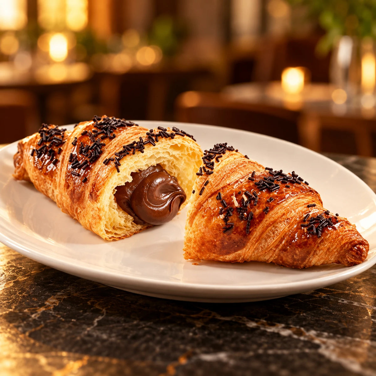 Croissant Chocolate y Avellana en plato blanco en una cafetería de luz cálida