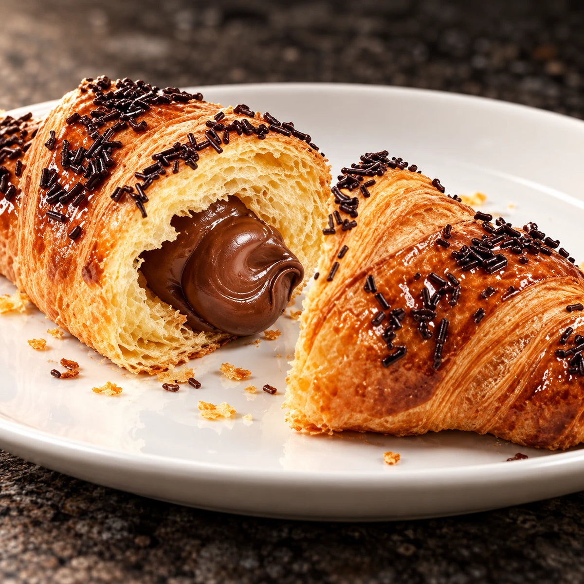 Primer plano del Croissant Chocolate y Avellana con capas hojaldradas y relleno cremoso en plato blanco