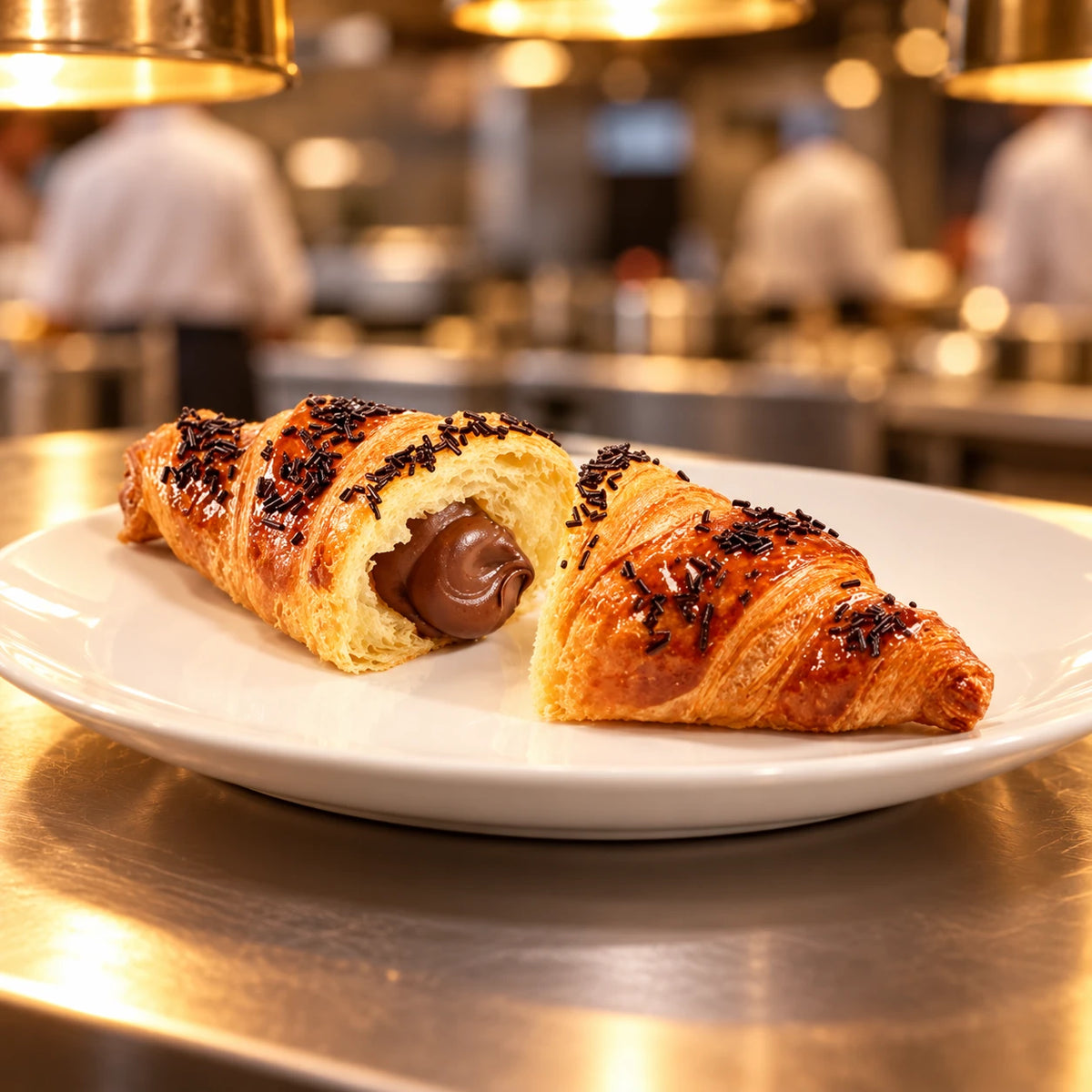 Croissant Chocolate y Avellana en plato blanco en el pase de una cocina profesional