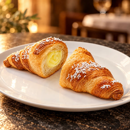 XL Croissant Vaniglia su piatto bianco in un ristorante con luci calde sfocate sullo sfondo