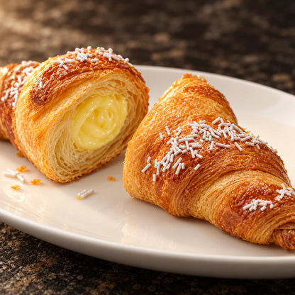 Primo piano: XL Croissant Vaniglia su piatto bianco con crema alla vaniglia e granella di zucchero in vista