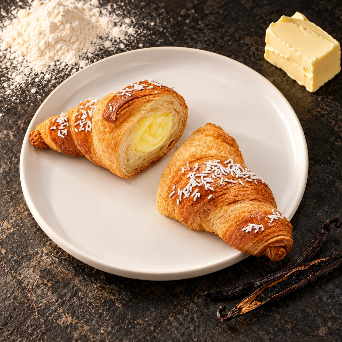 XL Croissant Vaniglia dall'alto su piatto, circondato da farina, burro e stecche di vaniglia