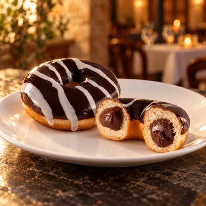 Donut de chocolate en plato blanco en un restaurante con luz cálida