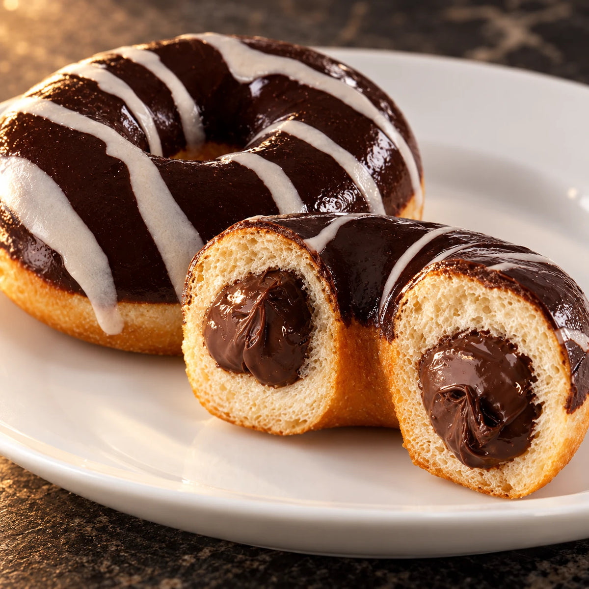 Primer plano del Donut de chocolate con glaseado negro, rayas blancas y cremoso relleno de cacao