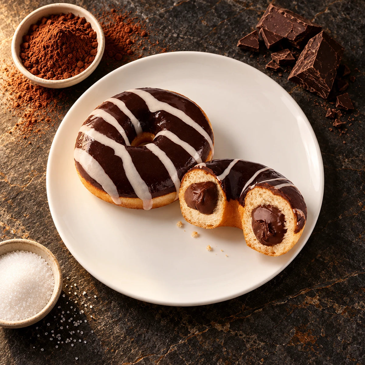 Donut de chocolate visto desde arriba en plato blanco, junto a cacao en polvo, chocolate y azúcar