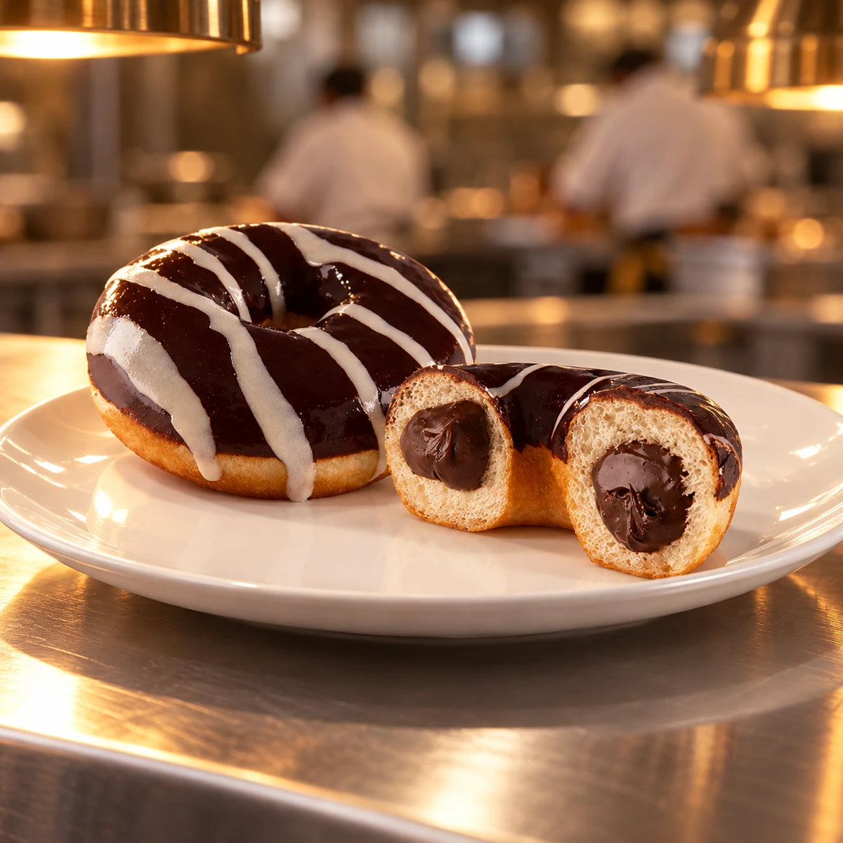 Donut de chocolate en plato blanco en el pase de una cocina profesional
