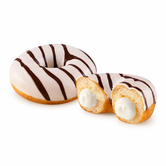Donut de vainilla sobre fondo blanco, donut entero y mitades cortadas con relleno de chocolate blanco