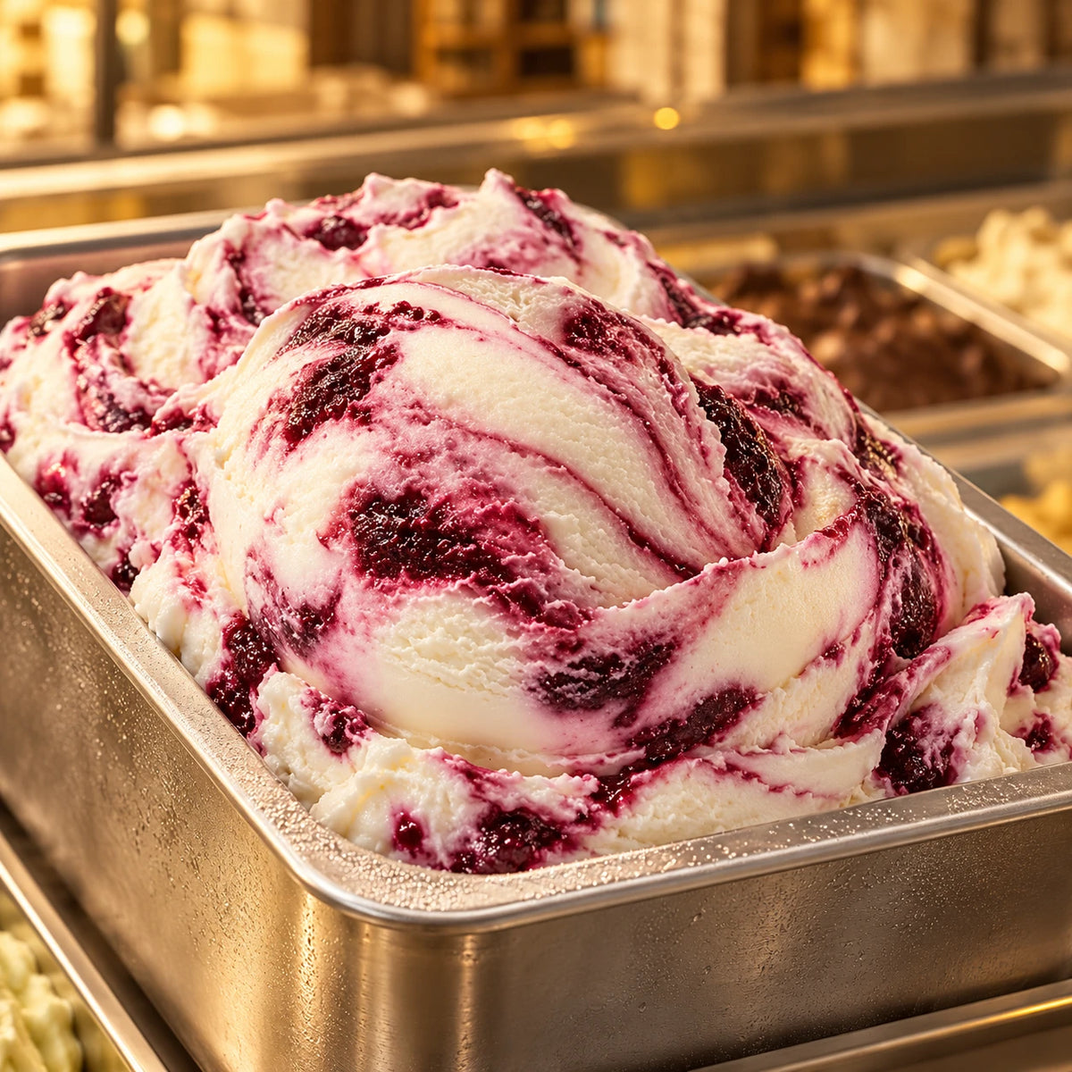 Helado de cereza amarena en cubeta de acero inoxidable en una vitrina con luz cálida