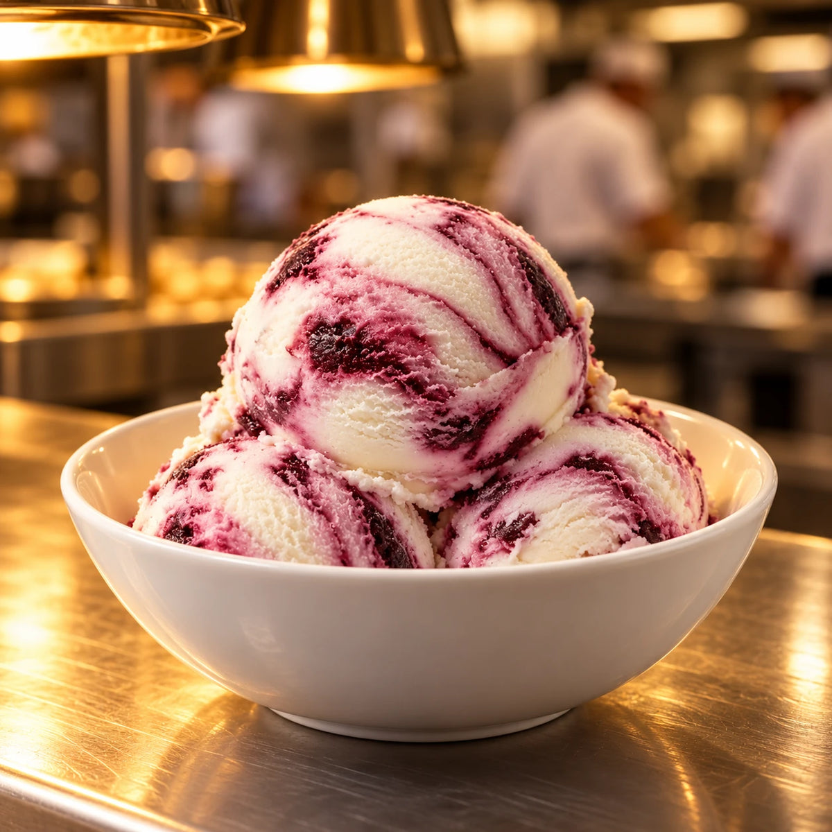 Bol blanco de helado de cereza amarena en el pase de una cocina profesional