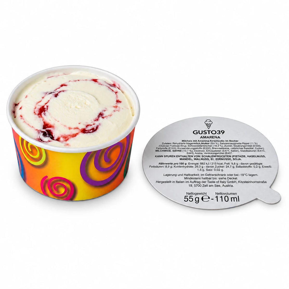 Vasito de helado de cereza amarena 55 g con estampado colorido, tapa al lado, sobre fondo blanco