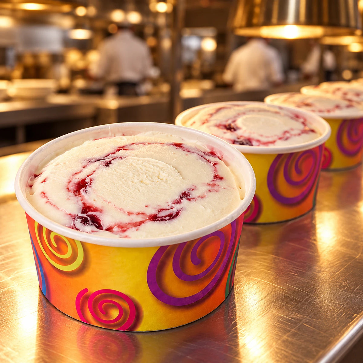 Varios vasitos de helado de cereza amarena en fila en el pase de una cocina profesional