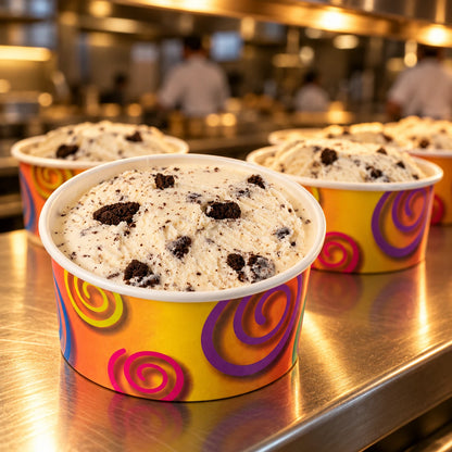 Varios vasitos de helado cookies en fila en el pase de una cocina profesional