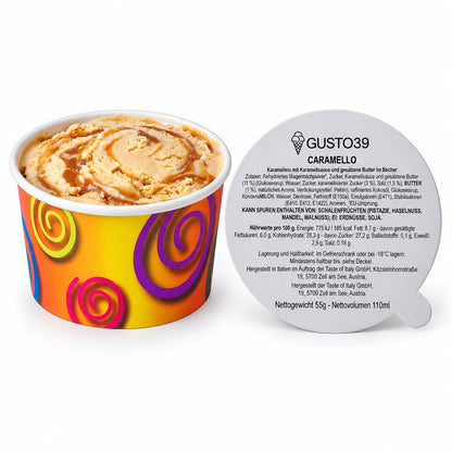 Vasito de helado de caramelo 55 g con estampado colorido, tapa al lado, sobre fondo blanco