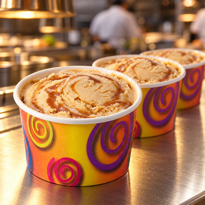 Varios vasitos de helado de caramelo en fila en el pase de una cocina profesional