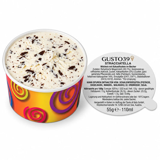 Vasito de helado stracciatella 55 g con estampado colorido, tapa al lado, sobre fondo blanco