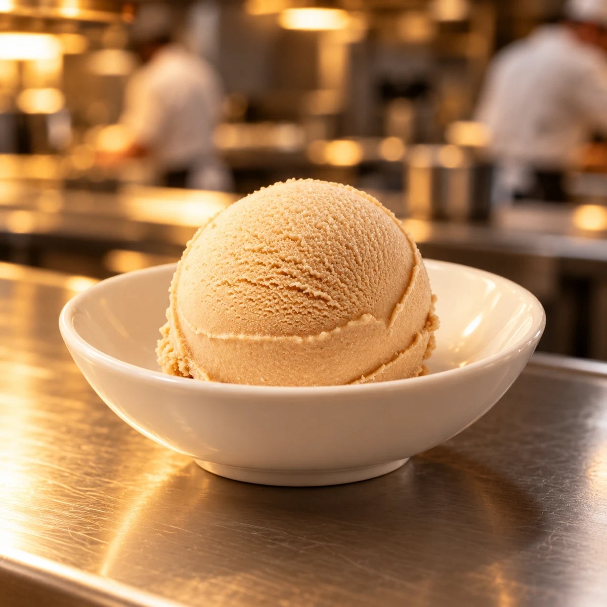 Cuenco blanco con una bola de helado de avellana en el pase de una cocina profesional