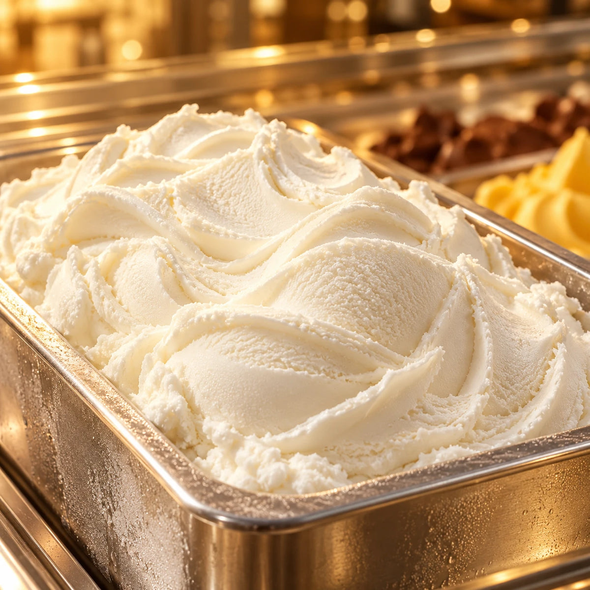 Helado de coco en cubeta de acero inoxidable en una vitrina de helados con luz cálida