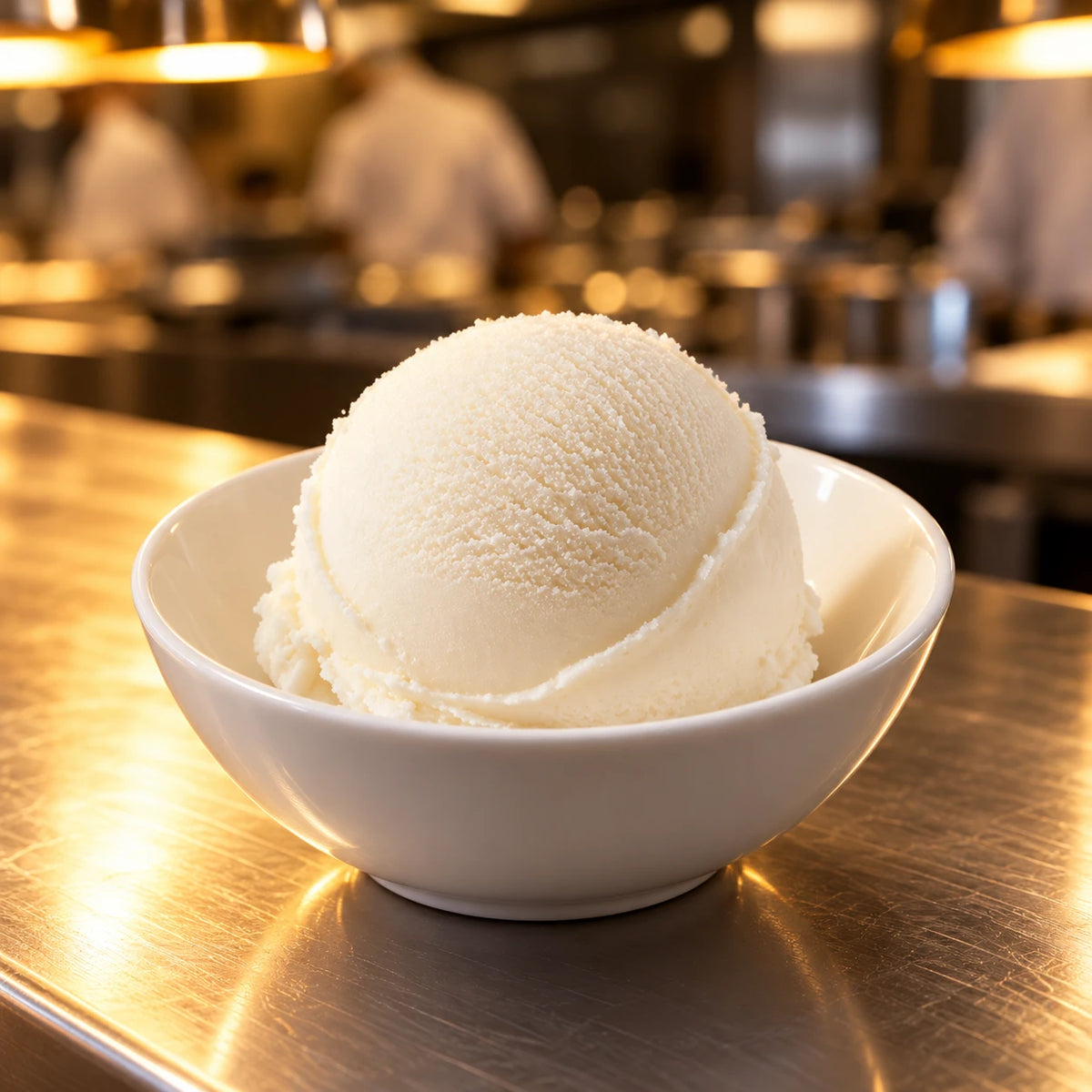Cuenco blanco con una bola de helado de coco en el pase de una cocina profesional