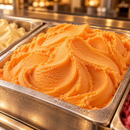 Helado de mandarina en cubeta de acero inoxidable en una vitrina con luz cálida
