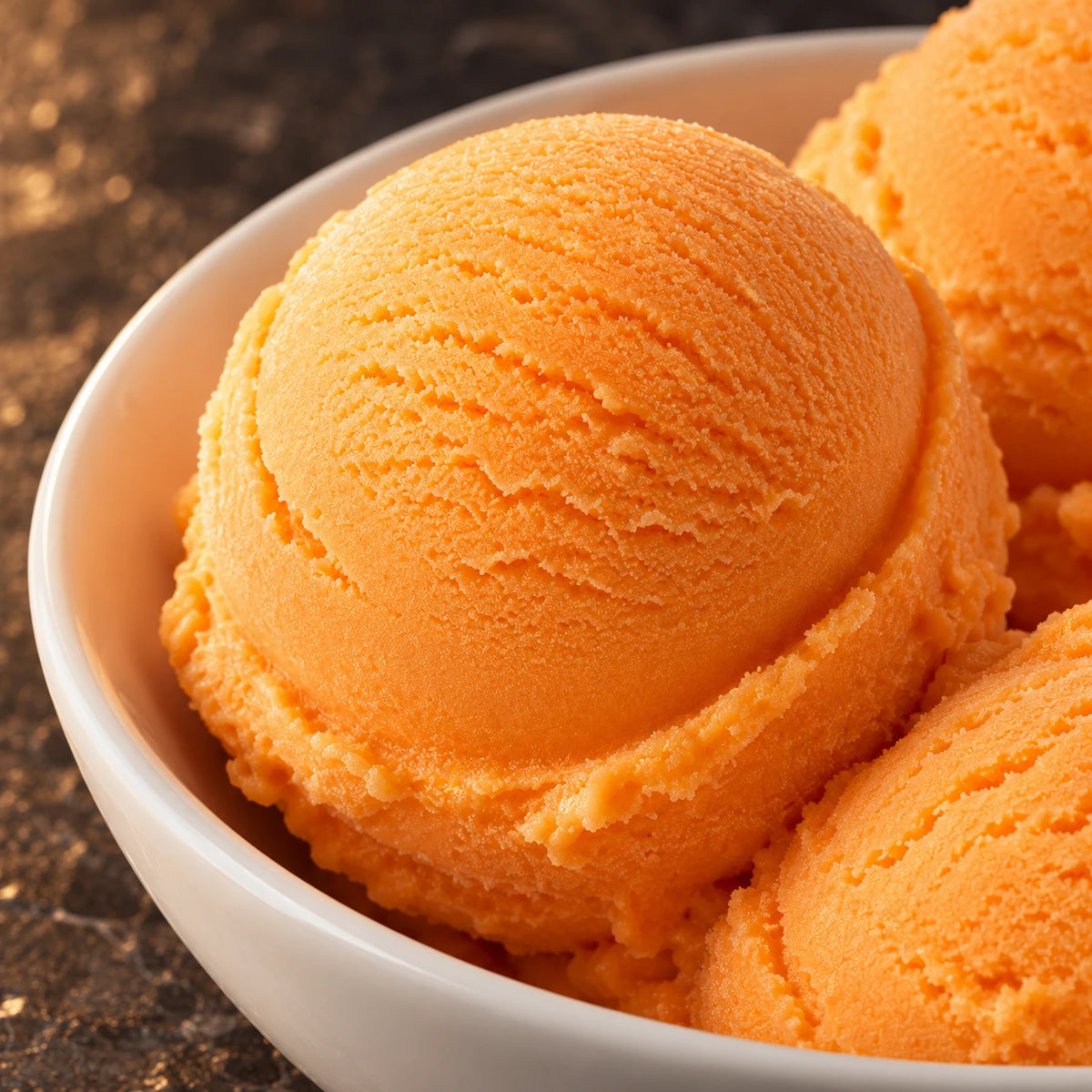 Primer plano de bolas de helado de mandarina en un cuenco blanco