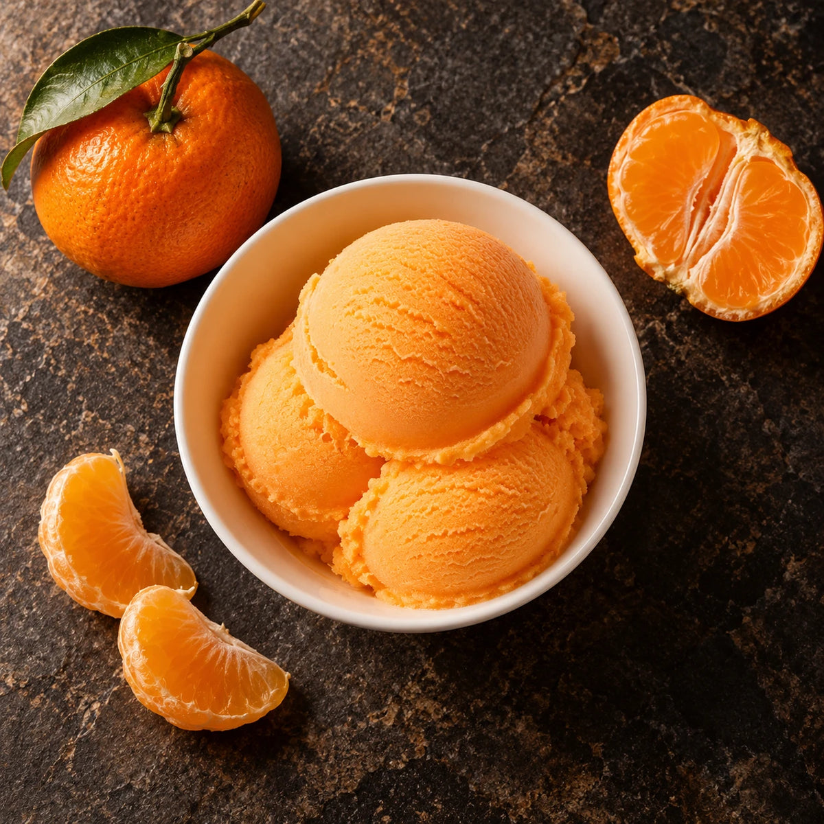 Tres bolas de helado de mandarina desde arriba en un cuenco blanco sobre piedra oscura, con mandarinas y gajos frescos