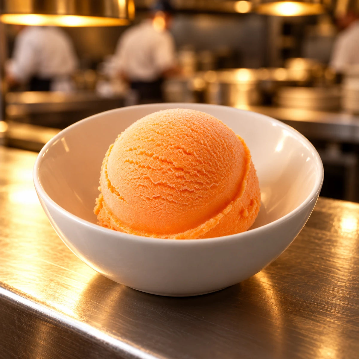 Cuenco blanco con una bola de helado de mandarina en el pase de una cocina profesional
