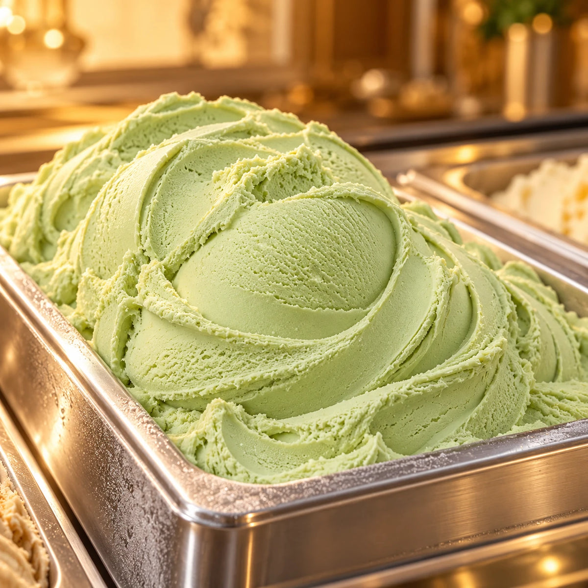 Helado de pistacho en cubeta de acero en una vitrina con luz cálida