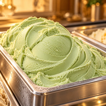 Helado de pistacho en cubeta de acero en una vitrina con luz cálida