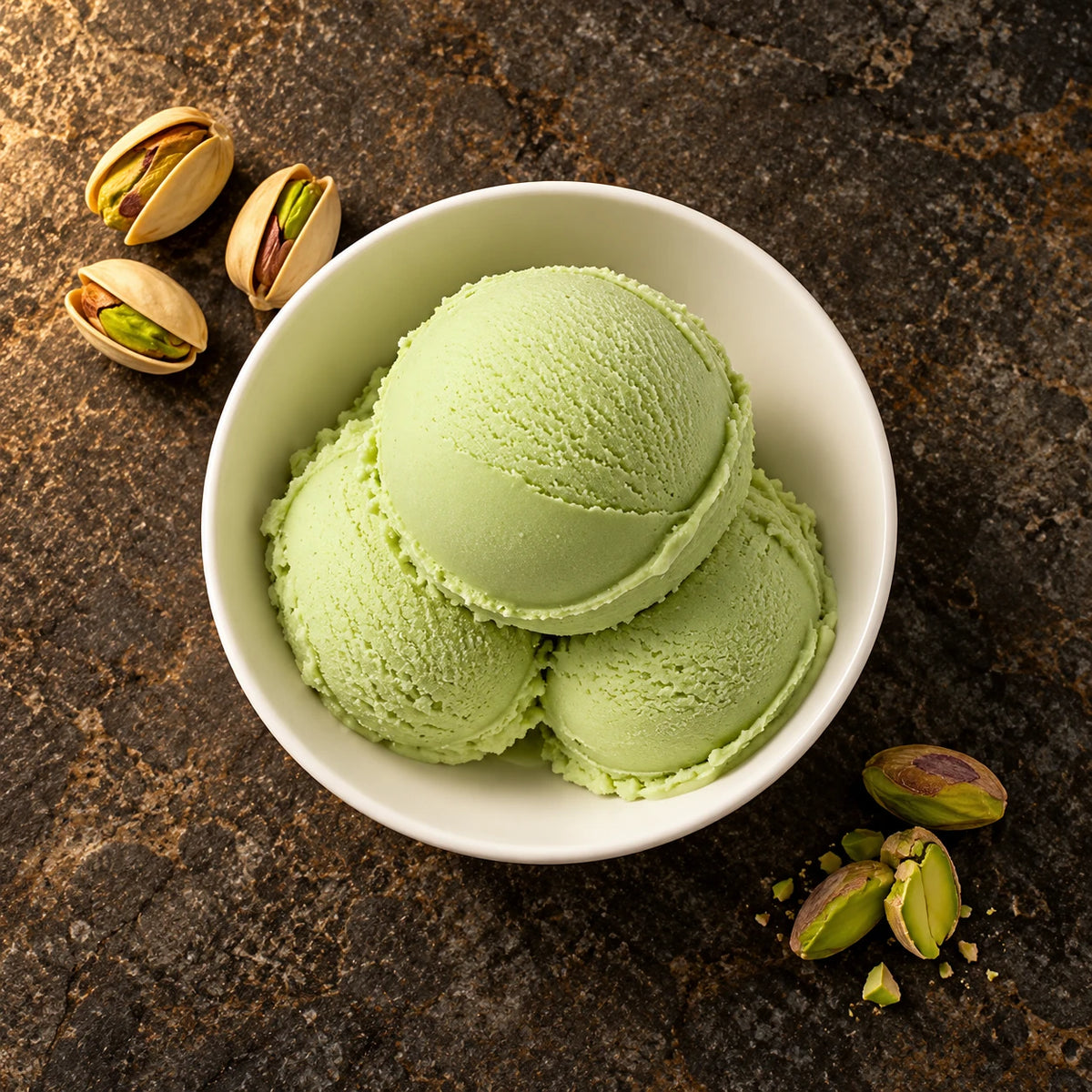 Tres bolas de helado de pistacho desde arriba en un cuenco blanco sobre piedra oscura, con pistachos enteros y abiertos